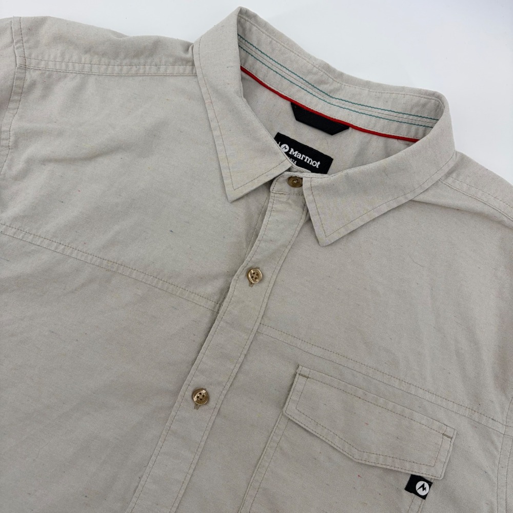 Marmot Button Down Shirt Mens XL Beige Short Sleeve Nylon Blend Hiking Outdoor